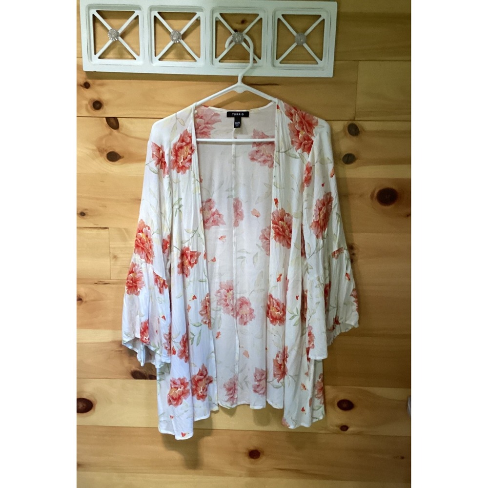 Torid Womens Floral‎ Kimono Cardigan White Orange Pink Bell Sleeve Rayon 10